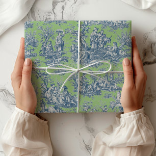 Papier Cadeau Chic Vintage Bleu Vert Toile Pays Français