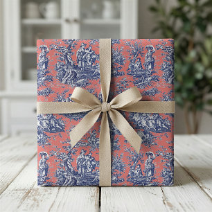 Papier Cadeau Chic Vintage Corail Rouge Bleu Toile de Jouy