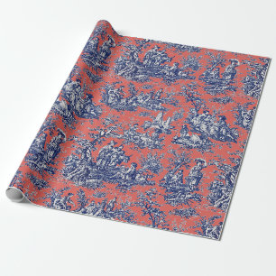 Papier Cadeau Chic vintage corail rouge bleu toile de jouy impri