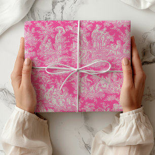 Papier Cadeau Chic Vintage Rose Chaud Toile de Jouy Scènes Franç