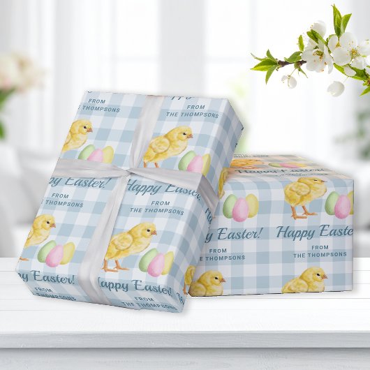 Papier Cadeau Chick And Pastel Eggs Happy Easter Blue Gingham