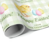 Papier Cadeau Chick And Pastel Eggs Happy Easter Green Gingham (Coin rond)