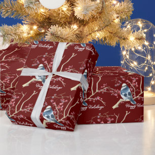 Papier Cadeau Chickadee de Noël avec baies