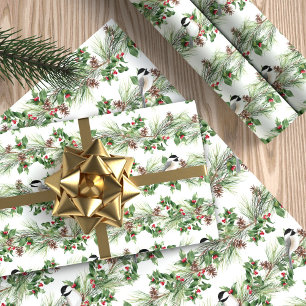 Papier Cadeau Chickadee de Noël Holly et Pine