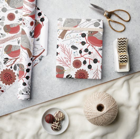 Papier Cadeau Chickadees Motif Gris Rouge avec Floral (Artisanat)