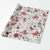 Papier Cadeau Chickadees Motif Gris Rouge avec Floral (Déroulé)