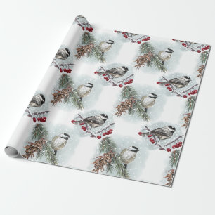Papier Cadeau Chickados d'hiver, Aquarelle Ferme Noël