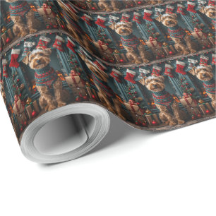 Papier Cadeau Chien Airedale avec cheminée de cadeaux de Noël