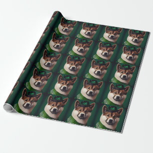 Papier Cadeau chien akita en robe de la Saint-Patrick