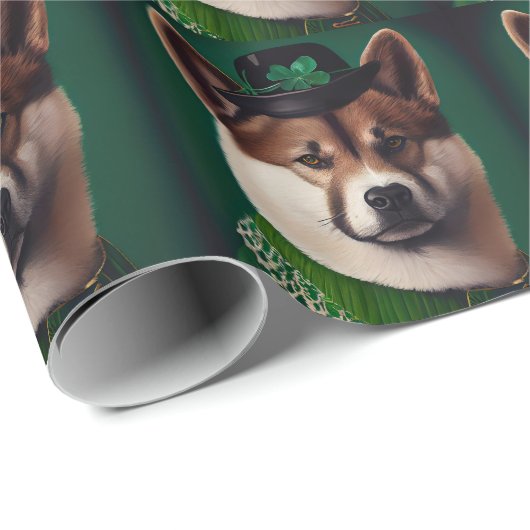 Papier Cadeau Chien akita en tenue de la Saint Patrick's Day (Coin rond)