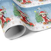 Papier Cadeau Chien beagle en neige avec cadeaux de Noël (Coin rond)