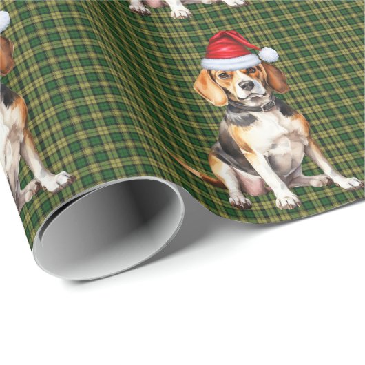 Papier Cadeau Chien beagle et Noël vert (Coin rond)