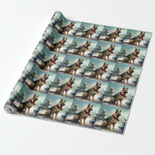 Papier Cadeau Chien Berger Allemand dans un Noël enneigé