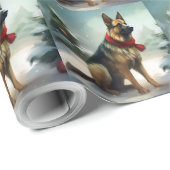 Papier Cadeau Chien berger allemand en Noël de neige (Coin rond)