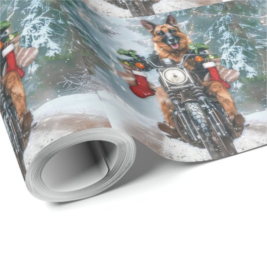 Papier Cadeau Chien berger allemand équitation moto Noël (Coin rond)