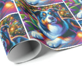 Papier Cadeau Chien berger australien sous arbre de Noël (Coin rond)
