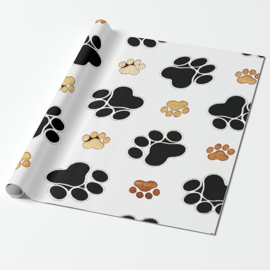 Papier Cadeau Chien canin noir et tan empreinte de patte blanc (Déroulé)