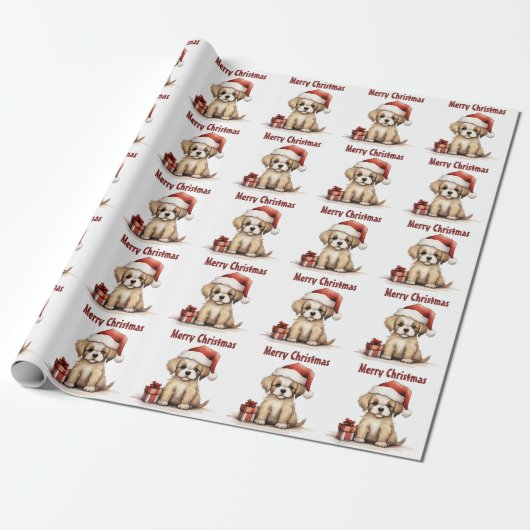 Papier Cadeau Chien chiot mignon portant un chapeau de Père Noël (Déroulé)