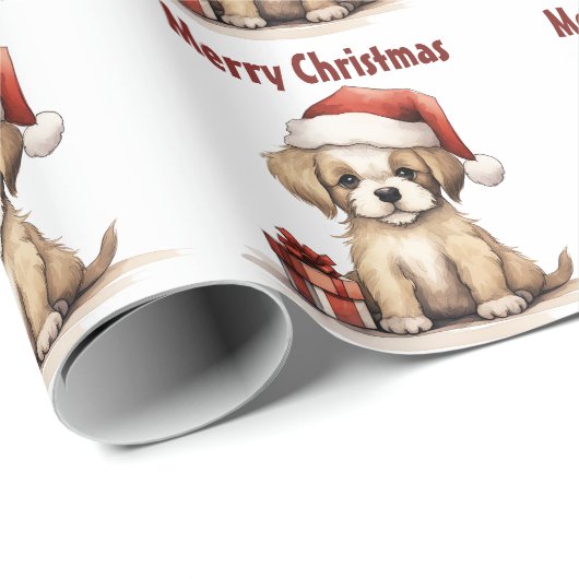 Papier Cadeau Chien chiot mignon portant un chapeau de Père Noël (Coin rond)