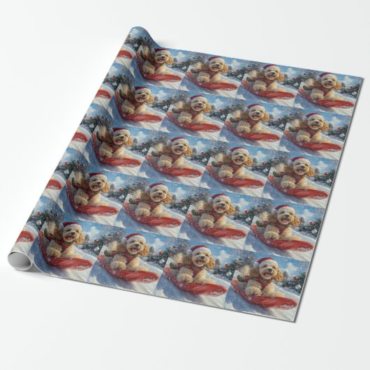 Papier Cadeau Chien Cocker Spaniel en Luge Laissez Tomber la Nei (Déroulé)