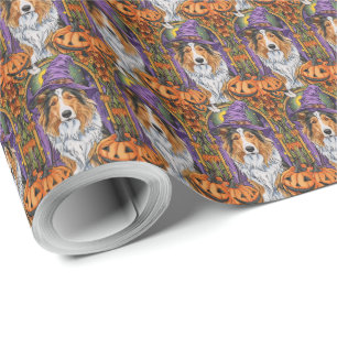 Papier Cadeau Chien Colley Rough Époinçable Halloween Sorcière C
