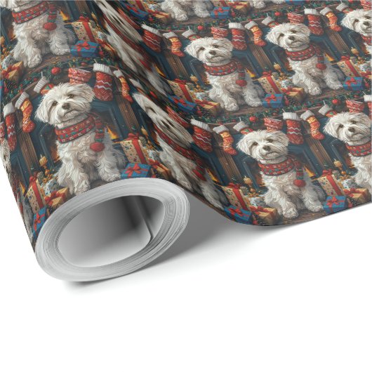 Papier Cadeau Chien Coton De Tulear avec cheminée de cadeaux de (Coin rond)