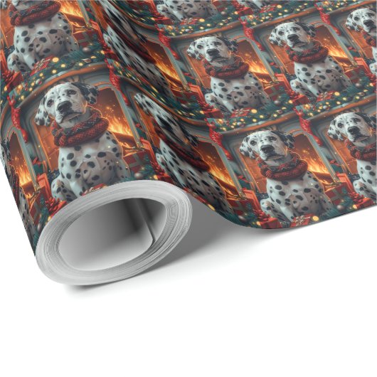 Papier Cadeau Chien dalmate avec cadeau de Noël cheminée (Coin rond)