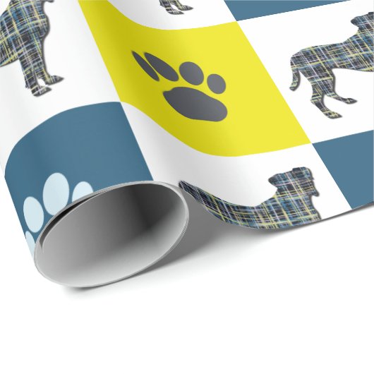 Papier Cadeau Chien de boîte & Paw Yellow & Black Grid Line (Coin rond)