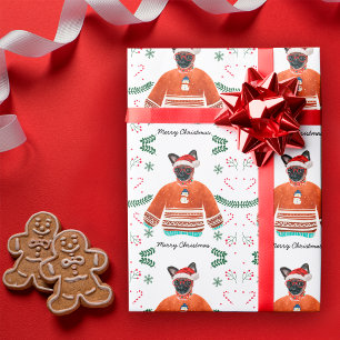 Papier Cadeau Chien de Bruxelles portant un pull de Noël Festif