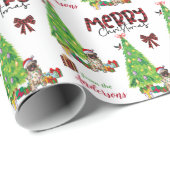 Papier Cadeau Chien de carlin, Oiseau et Arbre de Noël (Coin rond)