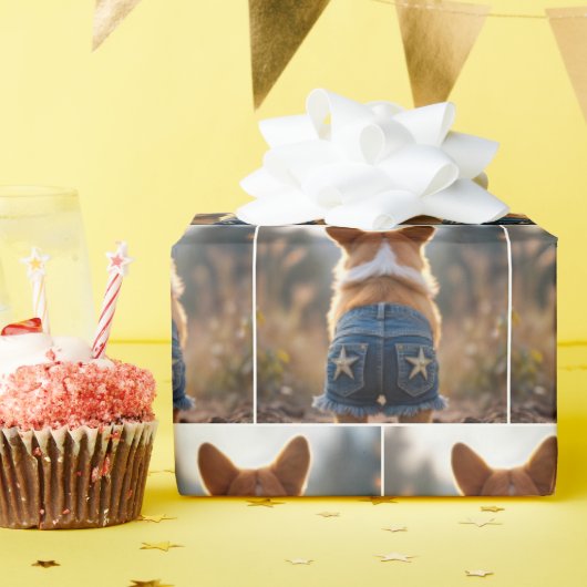 Papier Cadeau Chien de Corgi portant des shorts Denim (Fête d'anniversaire)