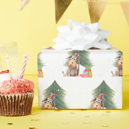 Papier Cadeau Chien de Noël et Pin Tree dans les flocons de neig (Fête d'anniversaire)