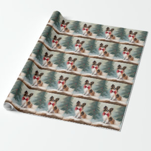 Papier Cadeau Chien de Papillon à Noël de neige