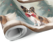 Papier Cadeau Chien de Papillon à Noël de neige (Coin rond)