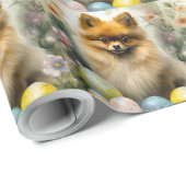 Papier Cadeau Chien de Poméranie avec oeufs de Pâques vacances (Coin rond)