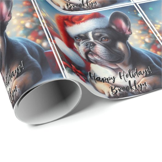 Papier Cadeau Chien de taureau français à Santa Hat (Coin rond)