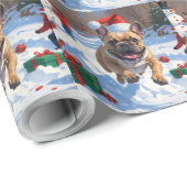 Papier Cadeau Chien de taureau français coule en neige avec Casq (Coin rond)