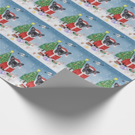 Papier Cadeau Chien de taureau français en neige avec cadeaux de (Coin)