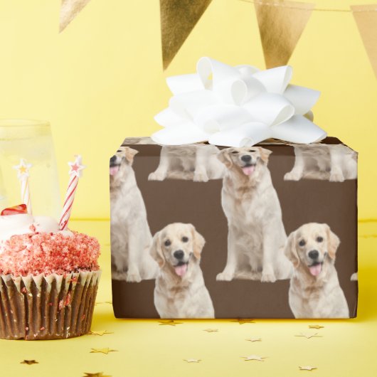 Papier Cadeau Chien d'or sur brun (Fête d'anniversaire)