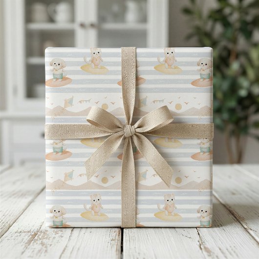 Papier Cadeau Chien et Chat de Surf Mignon