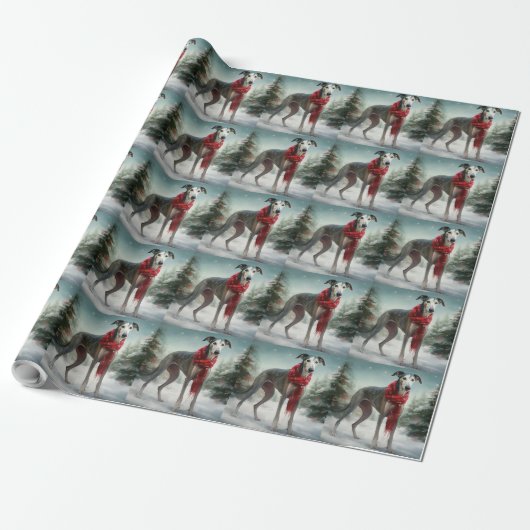Papier Cadeau Chien gris à Noël de neige (Déroulé)