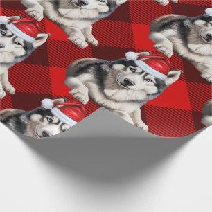 Papier Cadeau Chien Husky Festif et Buffalo Rouge Plaid Noël