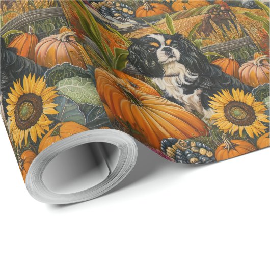 Papier Cadeau Chien japonais Chin Automne Moisson Thankesgiving (Coin rond)