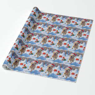 Papier Cadeau Chien Labrador courant dans la neige avec un chape