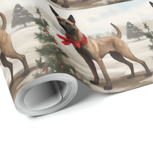 Papier Cadeau Chien malinois belge à Noël de neige (Coin rond)
