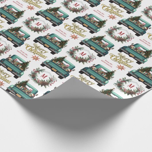 Papier Cadeau Chien noir Retro Camion Monogramme Noël (Coin)