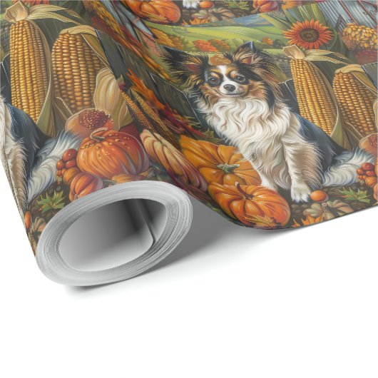 Papier Cadeau Chien Papillon Moisson d'automne Thankesgiving (Coin rond)