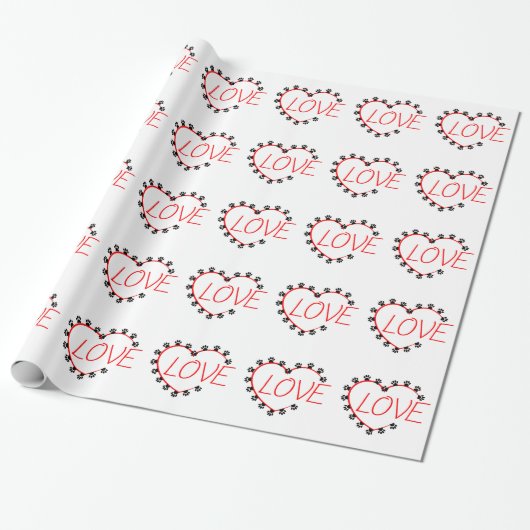 Papier Cadeau Chien Paws Red Heart Love (Déroulé)