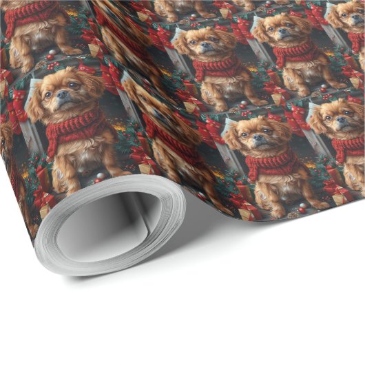 Papier Cadeau Chien Pekingese Avec Les Cadeaux De Noël Cheminée (Coin rond)
