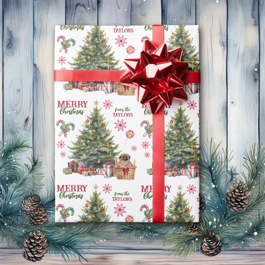 Papier Cadeau Chien pekingese sous l'arbre de Noël